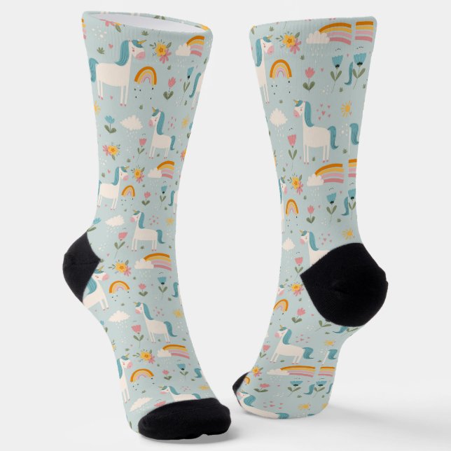 Cute pastel Rainbow Unicorn Pattern Socks (Angled)