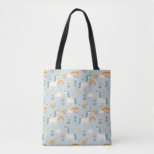 Cute pastel Rainbow Unicorn Pattern Tote Bag (Front)