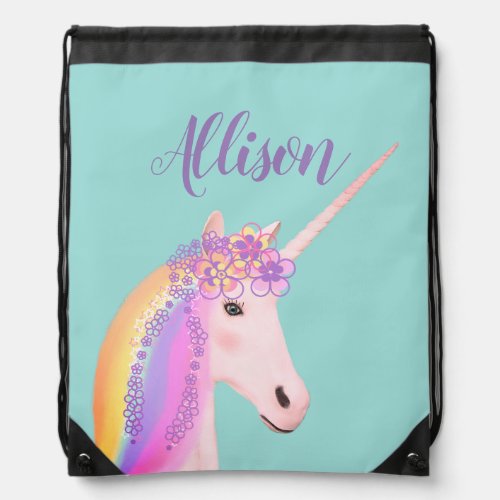 Cute Pastel Rainbow Unicorn Personalized Girls Drawstring Bag