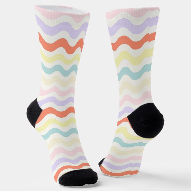 Cute Pastel Rainbow Wavy Lines Colorful Geometric  Socks (Angled)