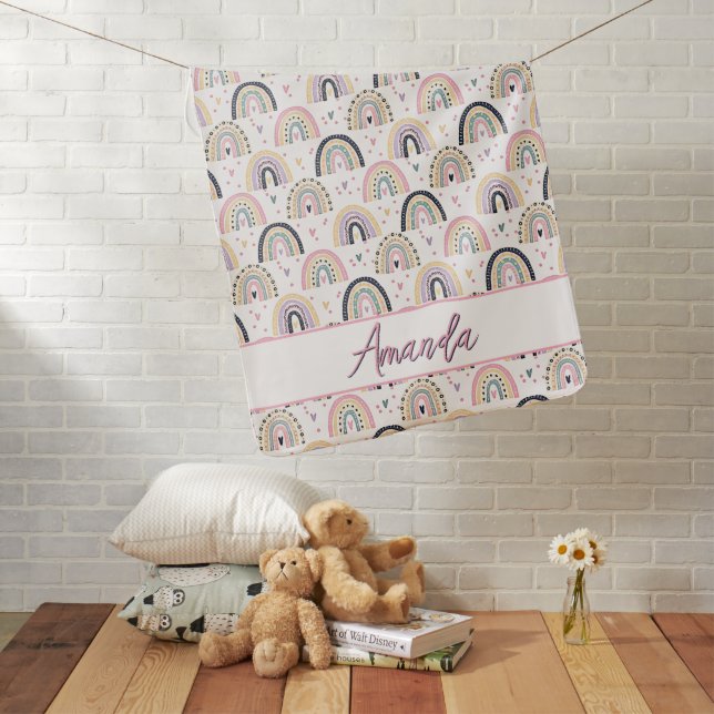 Cute pastel rainbows personalized baby blanket (In Situ)