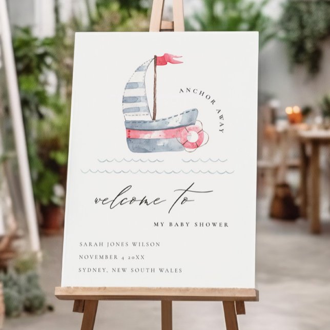 Cute Pastel Red Blue Sailboat Baby Shower Welcome Foam Board (Creator Uploaded)