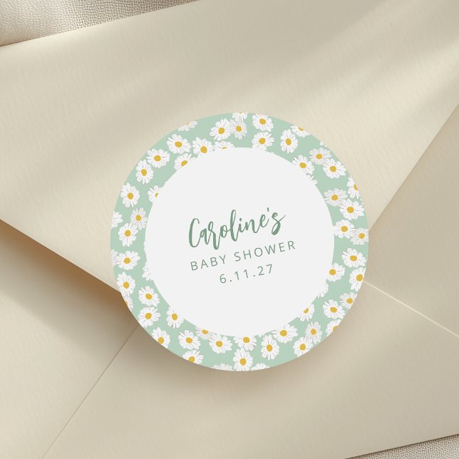 Cute Pastel Sage Daisies Floral Custom Baby Shower Classic Round Sticker (Creator Uploaded)