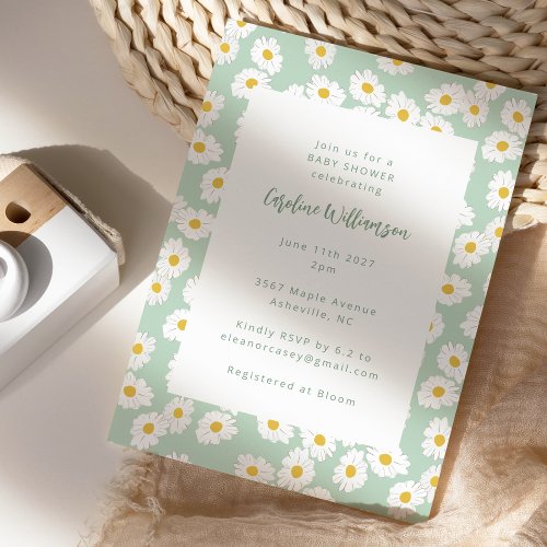 Cute Pastel Sage Green Daisies Floral Baby Shower Invitation