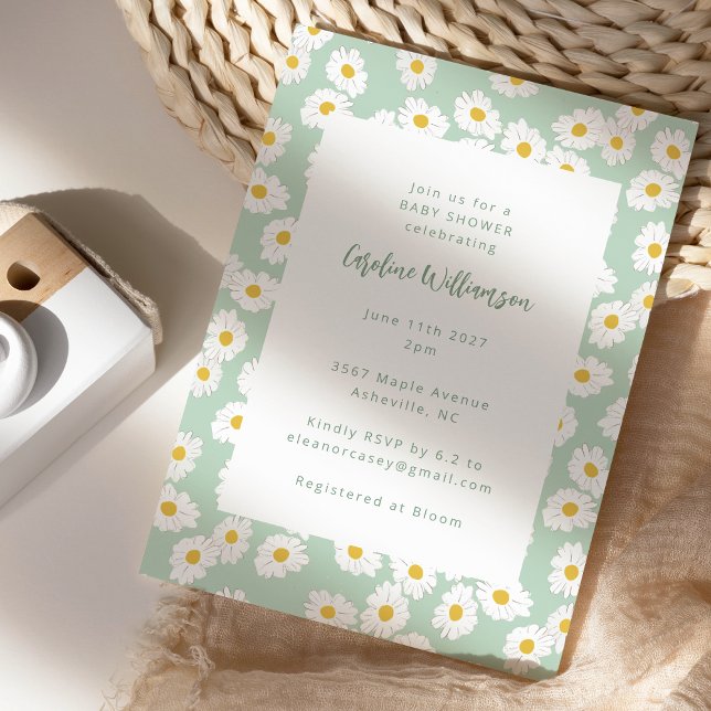 Cute Pastel Sage Green Daisies Floral Baby Shower Invitation (Creator Uploaded)