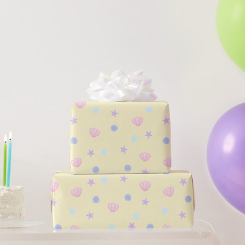 Cute Pastel Seashells and Pearls in Lemon Chiffon Wrapping Paper