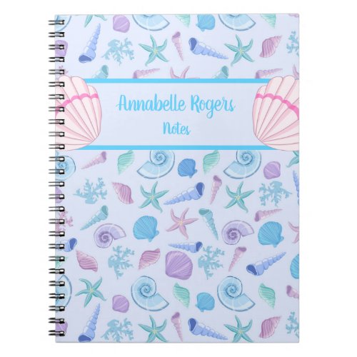 Cute Pastel Shells and Coral Custom Name  Subject Notebook