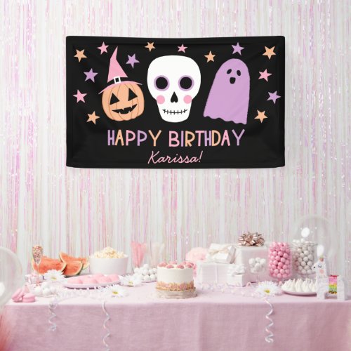 Cute Pastel Skull Ghost Halloween Birthday Name Banner