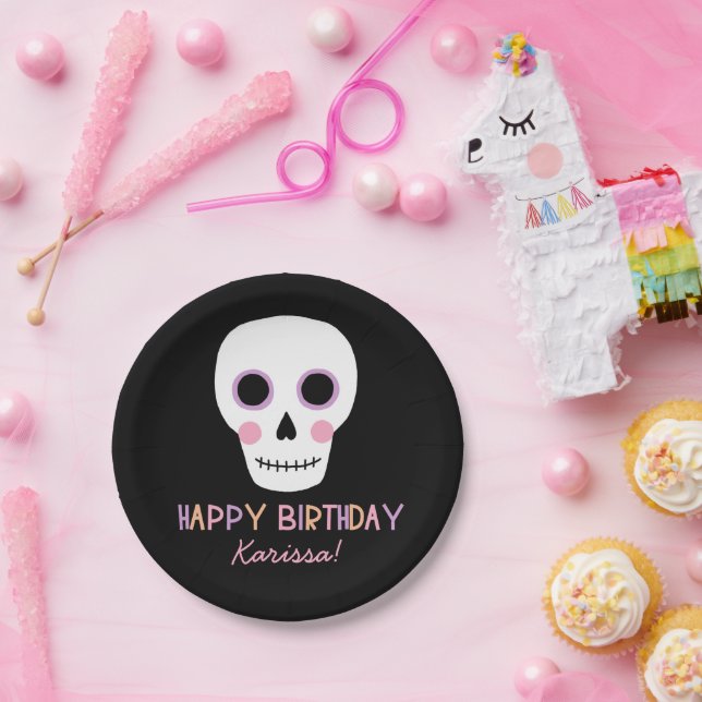 Cute Pastel Skull Halloween Birthday Name Paper Plates (Party)