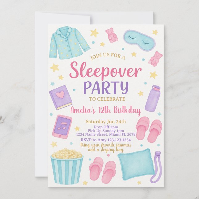 Cute Pastel Sleepover Birthday Invitation (Front)