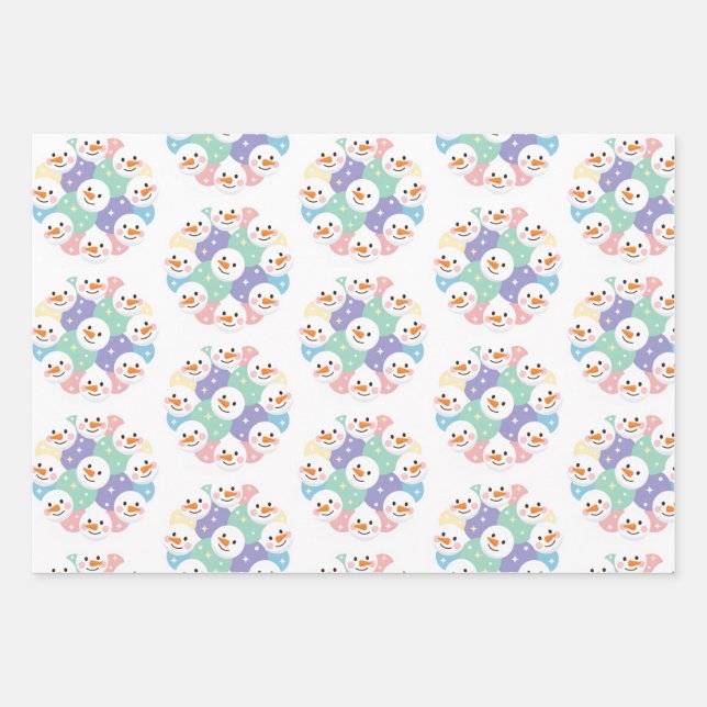 Cute Pastel Snowman Heads Seamless Wrapping Paper Sheets (Front)