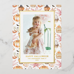 Cute Pastel Spooky Cupcakes Happy Halloween Photo Foil Holiday Postcard