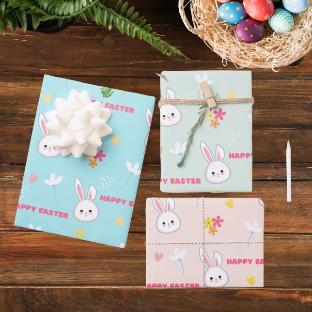 Cute Pastel Spring Blooms Bunny Happy Easter  Wrapping Paper Sheets (Creator Uploaded)