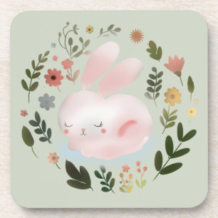 Cute Pastel Spring Bunny Floral Wreath Nursery Art Beverage Coaster