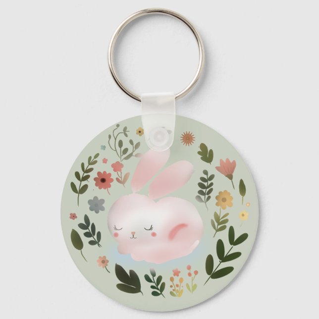 Cute Pastel Spring Bunny Floral Wreath Nursery Art Keychain (Front)
