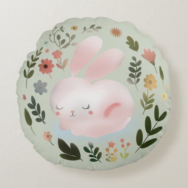 Cute Pastel Spring Bunny Floral Wreath Nursery Art Round Pillow (Front)