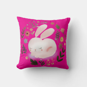 Cute Pastel Spring Bunny Floral Wreath Nursery Art Throw Pillow