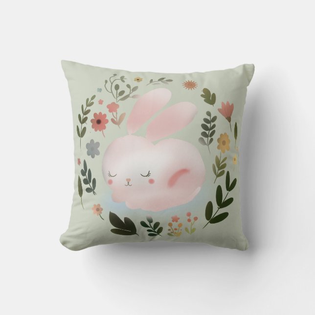Cute Pastel Spring Bunny Floral Wreath Nursery Art Throw Pillow (Front)