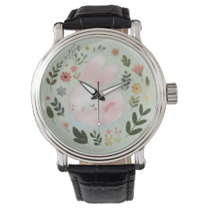 Cute Pastel Spring Bunny Floral Wreath Nursery Art Watch