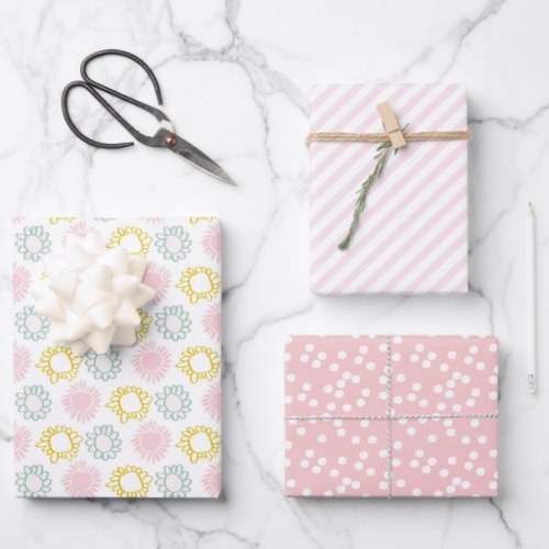 Cute Pastel Spring Flowers Polkadots  Stripes Wrapping Paper Sheets