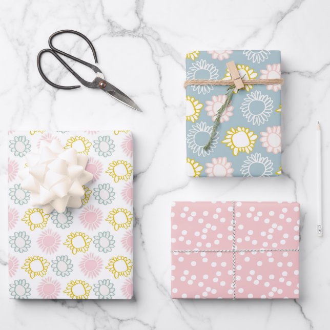 Cute Pastel Spring Flowers, Polkadots & Stripes Wrapping Paper Sheets (Front)