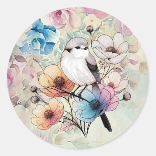 Cute Pastel Spring Watercolor Floral Bird  Classic Round Sticker