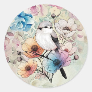 Cute Pastel Spring Watercolor Floral Bird Classic Round Sticker