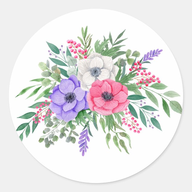 Cute Pastel Spring Watercolor Florals Classic Round Sticker (Front)