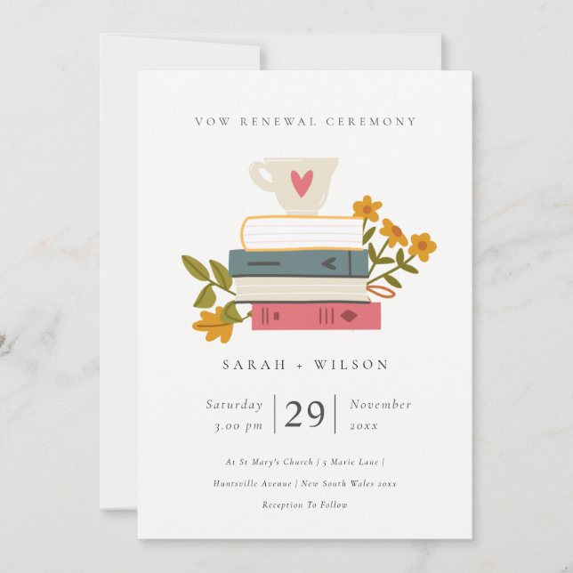 Cute Pastel Stack Books Floral Vow Renewal Invite (Front)