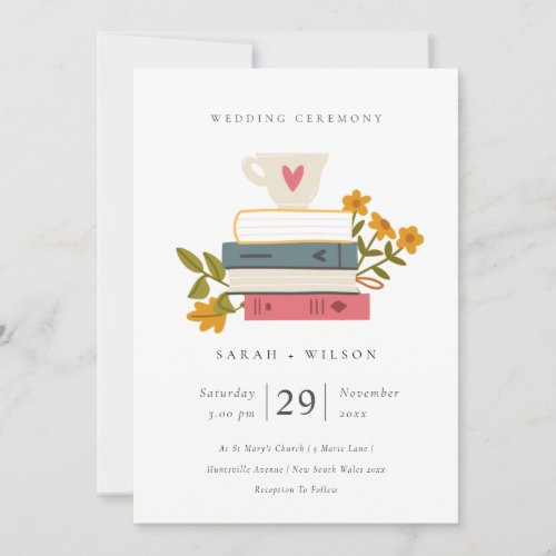 Cute Pastel Stacked Books Floral Wedding Invite