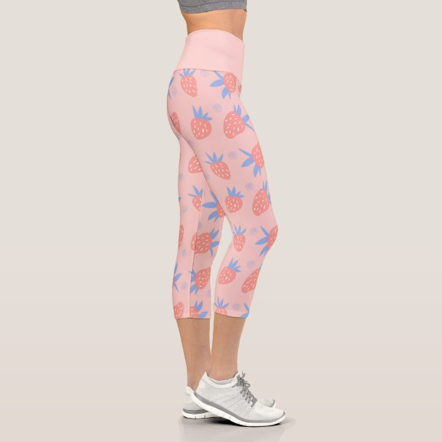 Cute Pastel Strawberry Pattern Pink Capri Leggings (Right)