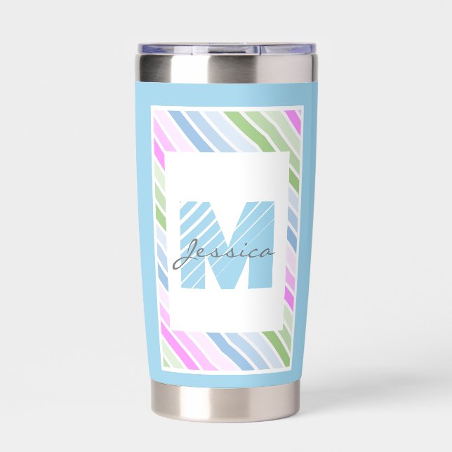 Cute Pastel Striped Modern Monogram Personalised Insulated Tumbler (Front)