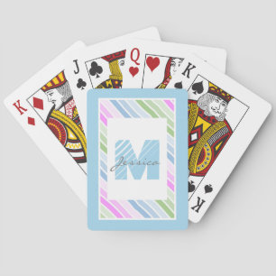Cute Pastel Striped Modern Monogram Poker Cards