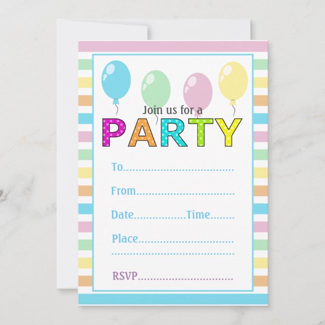 Cute Pastel Stripes And Balloons Birthday Invitation (Front)