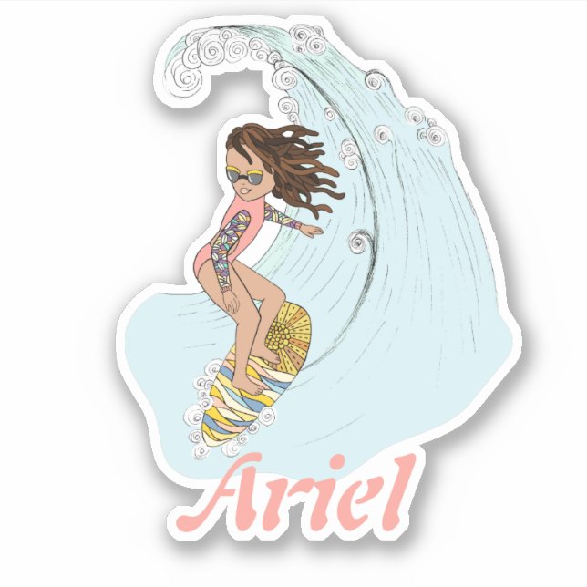 Cute Pastel Surfer Girl with Name Summer Aesthetic Sticker (Front)