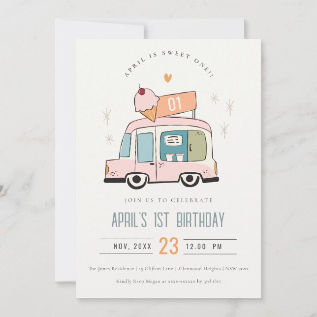 Cute Pastel Sweet One Ice Cream Truck 1st Birthday Invitation (Front)