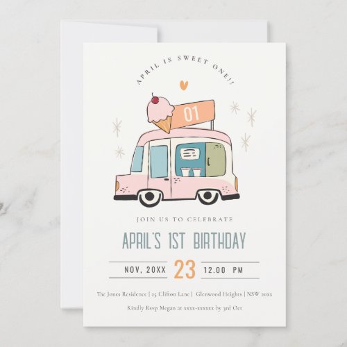 Cute Pastel Sweet One Ice Cream Truck 1st Birthday Invitation