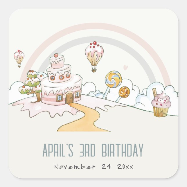Cute Pastel Sweet Time Candy Land Kids Birthday Square Sticker (Front)