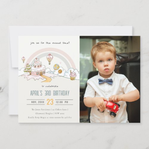 Cute Pastel Sweet Time Candy Land Photo Birthday Invitation