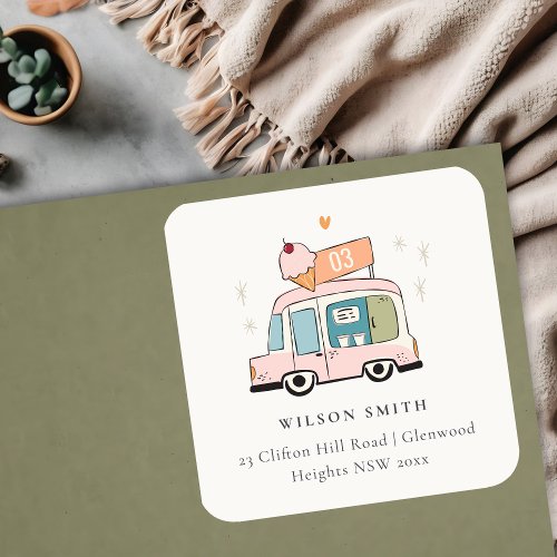 Cute Pastel Sweet Time Ice Cream Truck Address Square Sticker
