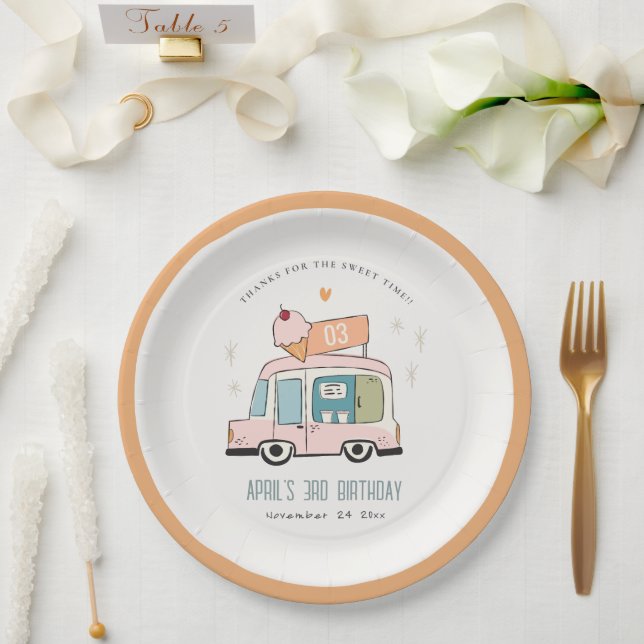 Cute Pastel Sweet Time Ice Cream Truck Birthday Na Paper Plates (Wedding)