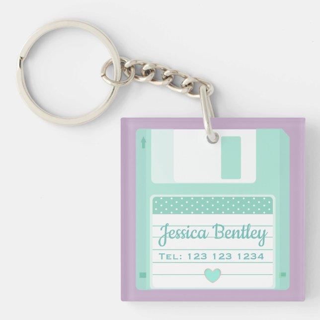 Cute Pastel Teal Retro Floppy Disk Custom Keychain (Front)