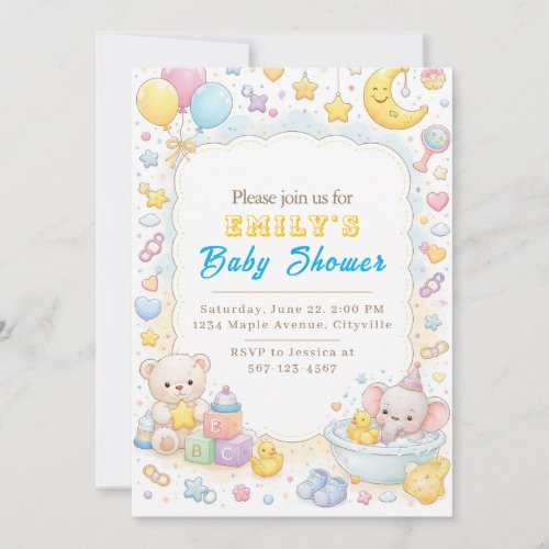 Cute Pastel Teddy Bear & Elephant Baby Shower Invitation