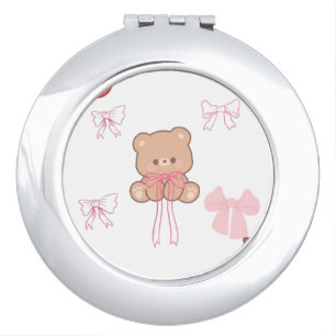 Cute Pastel Teddy Bear Pink Bow Dreamy Aesthetic Compact Mirror
