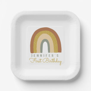 Cute Pastel Terracota Rainbow Birthday Paper Plates