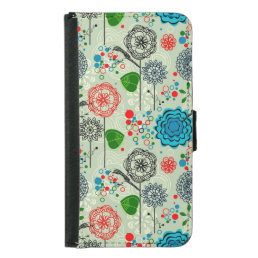 Cute Pastel Tones Retro Flowers &amp; Birds Green Tint Samsung Galaxy S5 Wallet Case