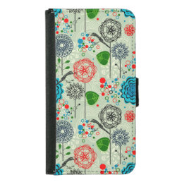 Cute Pastel Tones Retro Flowers &amp; Birds Green Tint Wallet Phone Case For Samsung Galaxy S5