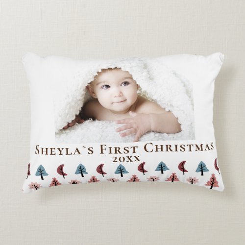 Cute Pastel Tree Babys First Christmas Photo Accent Pillow