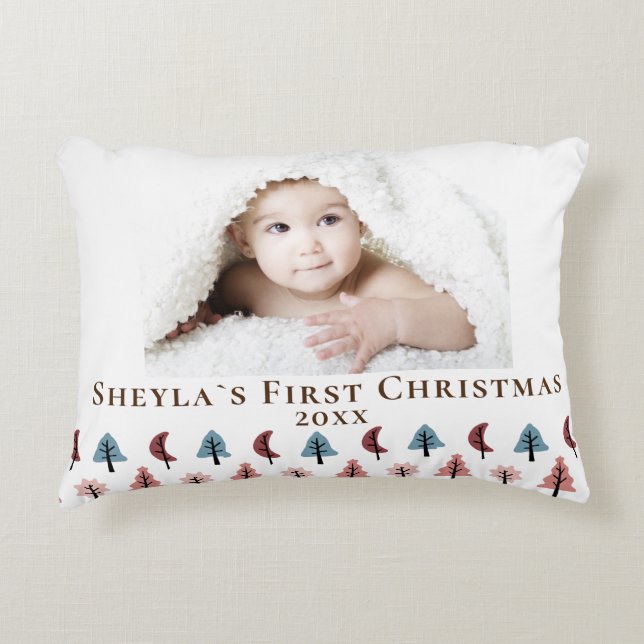 Cute Pastel Tree Baby`s First Christmas Photo Accent Pillow (Front)