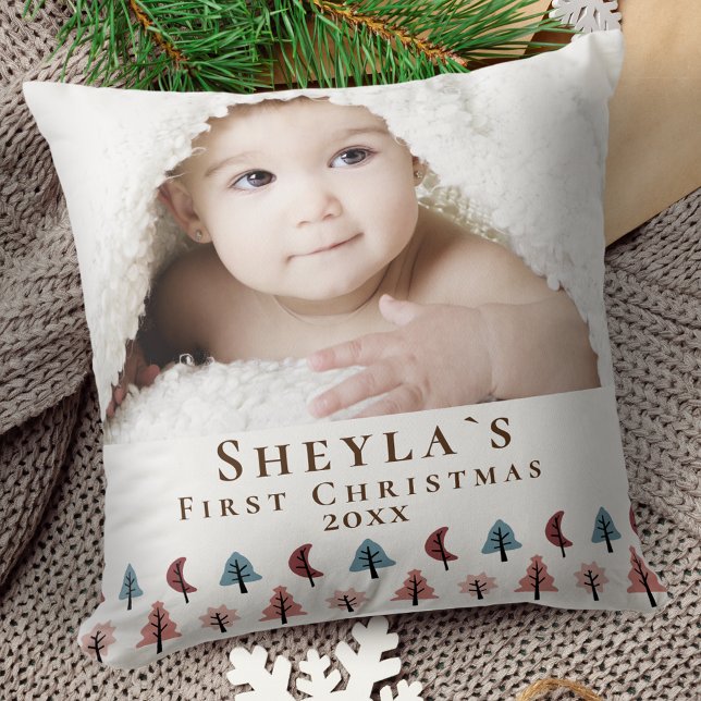 Cute Pastel Tree Baby`s First Christmas Photo Throw Pillow (Creator Uploaded)